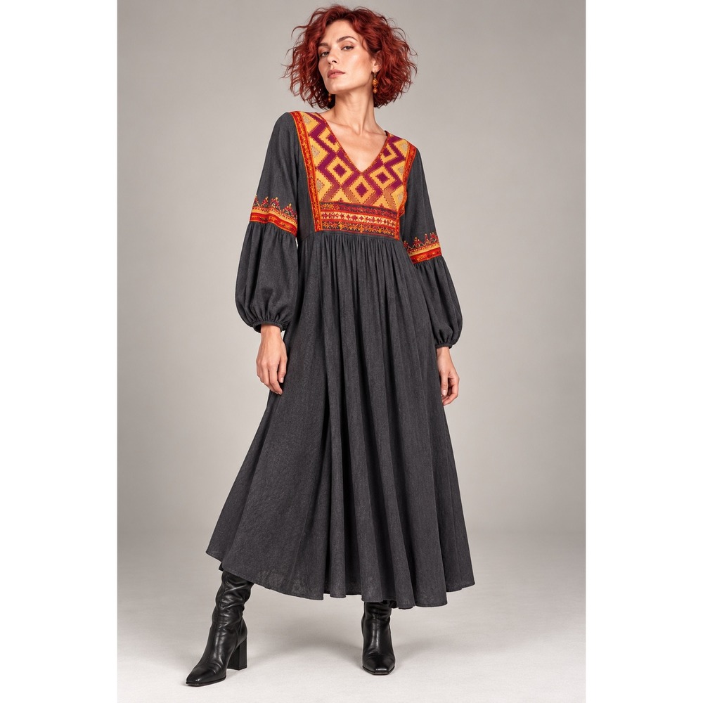 Uncle Frank Small Charcoal Embroidered Boho Maxi Dress Geometric